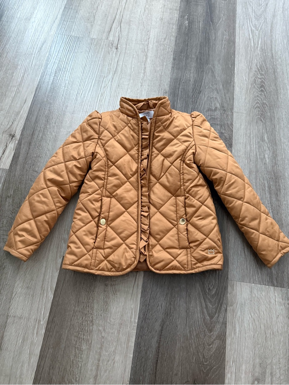 crown & ivy Quilted Tan Puffer Jacket with Ruffle Trim